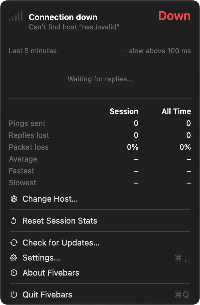 The menu when the connection is down: grey bars, Connection down, Can&rsquo;t find host nas.invalid, a red Down where the ping time usually is, and a Change Host row above the usual ones