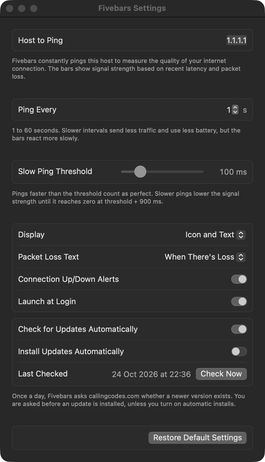 The Fivebars Settings window: host to ping set to 1.1.1.1, ping every 1 second with a stepper, slow ping threshold slider at 100 ms, display set to Icon and Text, packet loss text set to When There&rsquo;s Loss, switches for connection alerts and launch at login, and the update settings